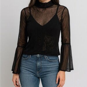 Almost Famous Sheer Mesh Black Long Sleeve Top with Mock Neck
